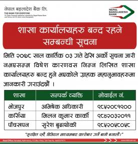 बैंकको शाखा कार्यालय बन्द रहेन सम्बन्धी सूचना