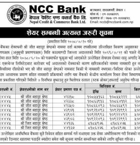 एनसीसी बैंकको शेयर सम्बन्धी अत्यन्त जरुरी सूचना