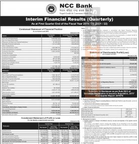 एनसीसी बैंकको खुद नाफा ५१ करोड ८० लाख रुपैयाँ - Q1 Report -