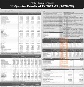 नबिल बैंकको खुद नाफा १ अर्ब ११ करोड २२ लाख रुपैयाँ - Q1 Report -