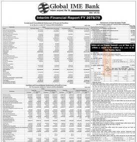 ग्लोबल आइएमई बैंकको खुद नाफा १ अर्ब ११ करोड २२ लाख रुपैयाँ  - Q1 Report -