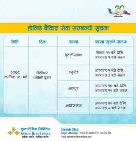 कुमारी बैंकको होलिडे बैंकिङ्ग सेवा सम्बन्धी सूचना !!