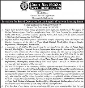 Invitation for Sealed Quotation for the supply of verious Printig Items