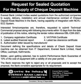 Request for Sealed Quotation for the supply of cheque deposit machine