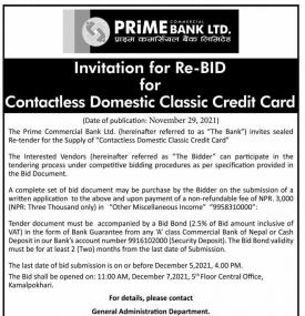 Invitation for Re-BID for Contactless Domestic Classic Credit Card