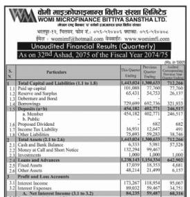 Unaudited Financial Results  (Quarterly)
