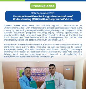 KSBBL signs Memorandum of Understanding (MOU) with Anterprerana Pvt. Ltd. 