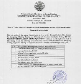 Bidders for Designing, Minting, Supply and Delivery of Nepalese Circulation Coins