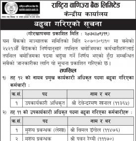 राष्ट्रिय वाणिज्य बैंकको कर्मचारी बढुवा गरिएको बारे सूचना