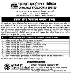 छ्याङ्दी हाइड्रोपावरको हकप्रद शेयर निष्काशन सम्बन्धी सूचना