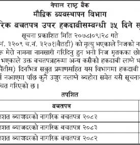 नागरिक बचतपत्र उपर हकदावी सम्बन्धी ३५ दिने नेपाल राष्ट्र बैंक मौद्रिक ब्यवस्थापन विभागको सूचना