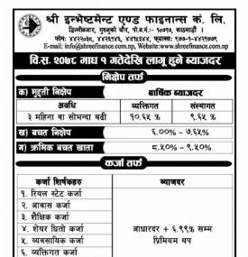 नयाँ ब्याजदर सार्वजनिकबारे सूचना