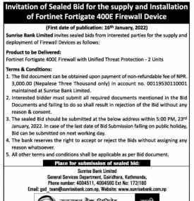 Invitation of sealed bids for the supply and installation of fortinet fortigate 400E firewall device