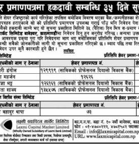शेयर प्रमाणपत्रमा हकदावी सम्बन्धी ३५ दिने सूचना