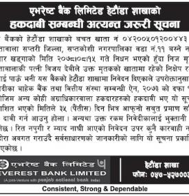 निक्षेप उपर हकदावी सम्बन्धी सूचना