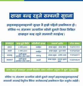 कामना सेवा विकास बैंकको शाखा कार्यालय बन्द रहने सम्बन्धी सूचना