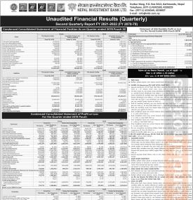 नेपाल इन्भेष्टमेन्ट बैंकको खुद नाफा १ अर्ब ६२ करोड ४३ लाख २४ हजार रुपैयाँ 