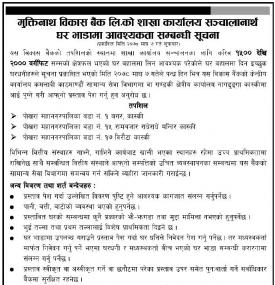 मुक्तिनाथ विकास बैंकलाई शाखा कार्यालयको लागि घर भाडामा आवश्यकता