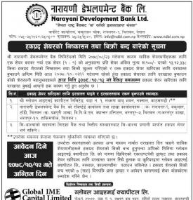 नारायणी डेभलपमेण्ट बैंकको हकप्रद शेयरमा आवेदन दिने आज अन्तिम दिन बारे सूचना