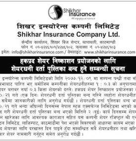 हकप्रद शेयर निष्काशन प्रयोजनको लागि शेयरधनी दर्ता पुस्तिका बन्द हुने सम्बन्धी सूचना