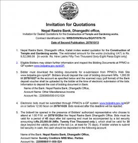 Invitation for Quotation Construction of Temple and Gardening Works, NRB Dhangadhi 