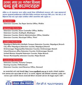 नेपाल बैंकको माघ २० गते बन्द हुने काउण्टरहरु
