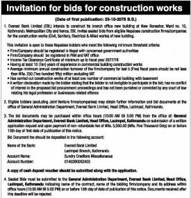 Invitation Bids for Construction of works 