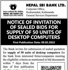 Notice of Invitation of Sealed Bid for Supply of 50 unit of Desktop