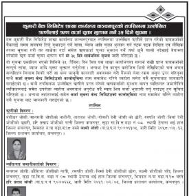 शाखा कार्यालय कञ्चनपुरको तपसिलमा उल्लेखित ऋणीलाई कर्जा चुक्ता भुक्तान गर्ने ३५ दिने सूचना