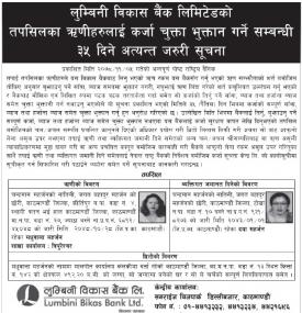 लुम्बिनी विकास बैंकका तपसिलका ऋणीहरुलाई कर्जा चुक्ता भुक्तान गर्ने सम्बन्धी ३५ दिने सूचना
