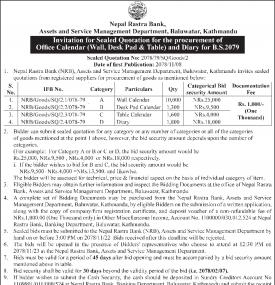 Invitation for Sealed Quotation for the procurement of Office Cal endear and Diary B.S. 2079
