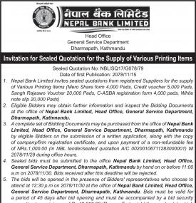 Invitation for Sealed Quotation for the Supply of Various Printing Items