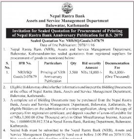 Invitation for Sealed Quotation for Procurement of Printing of NRB Anniversary Publication for B.S. 