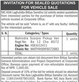 Invitation for Sealed Quotation for Vehicle Sale