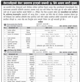 शेयरधनीहरुको शेयर प्रमाणपत्र हराएको सम्बन्धी ३५ दिने अत्यन्त जरुरी सूचना