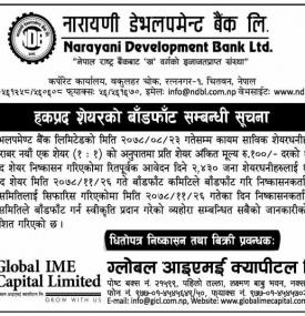 नारायणी डेभलपमेन्ट बैंकको हकप्रद शेयरको बाँडफाँट सम्बन्धी सूचना