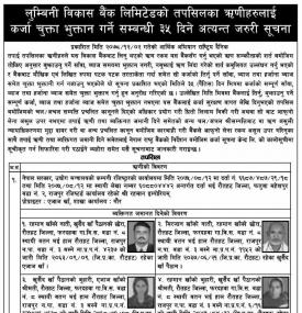 लुम्बिनी विकास बैंकको तपशिलका ऋणीहरुलाई कर्जा चुक्ता भुक्तान गर्ने सम्बन्धी सूचना