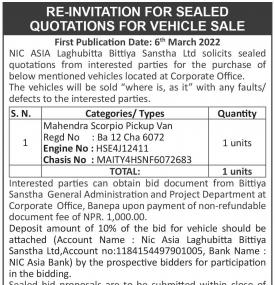 Re Invitation For Sealed Quotation for Vehicle Sale