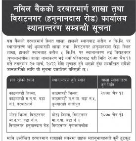 नविल बैकको शाखा कार्यालय स्थानान्तरण सम्बन्धी सूचना