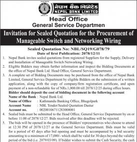 Invitation for Sealed Quotation for the Procurement of Manageable Switch and Networking Wiring