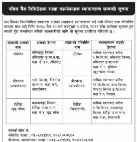 बैंकको शाखा कार्यालयहरु स्थानान्तरण हुने सम्बन्धी सूचना