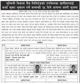 लुम्बिनी विकास बैंकका तपसिलका ऋणीहरुलार्इै कर्जा चुक्ता भुक्तान गर्ने सम्बन्धी ३५ दिने सूचना