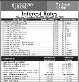 सेञ्चुरी बैंकको नयाँ ब्याजदर सार्वजनिकबारे सूचना - Interest Rates