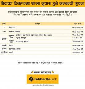 सिद्धार्थ बैंकको बिदाको दिन पनि निम्न शाखाहरु सूचारु हुने बारे सूचना