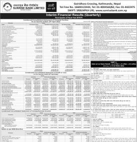 सनराइज बैंकको खुद नाफा १ अर्ब २७ करोड ७३ लाख रुपैयाँ - Q3 Report -