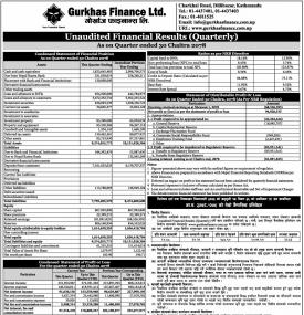 गोर्खाज फाइनान्सको तेस्रो त्रैमासिकमा खुद नाफा ९ करोड ४९ लाख रुपैयाँ