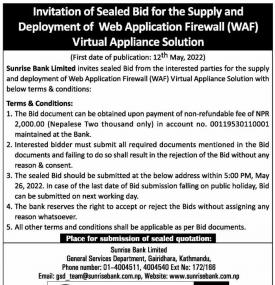 Invitation of Sealed Bid for the Supply and Deployment of Web Application Firewall Virtual Applicati