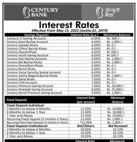 सेञ्चुरी बैंकको नयाँ ब्याजदर सार्वजनिकबारे सूचना - Interest Rates