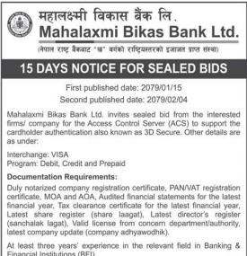 15 Days Notice for  Sealed Bids