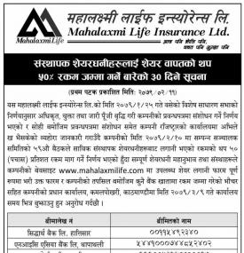संस्थापक शेयरधनीहरुलाई शेयर वापतको थप ५० प्रतिशत रकम जम्मा गर्ने बारेको सूचना